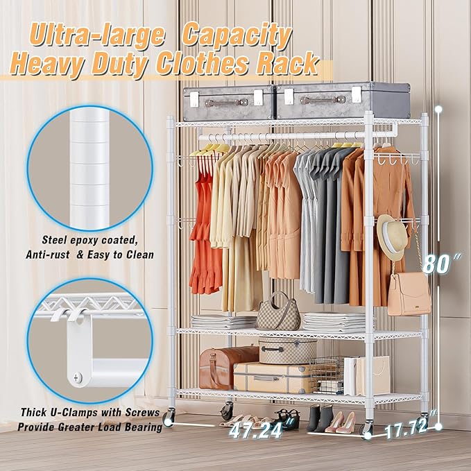 Homdox 3 Tier Garment Rack with Wheels, Portable Closets for Hanging Clothes Heavy Duty, Closet Racks and Shelving with Double Hanger Rods & Side Hooks, White