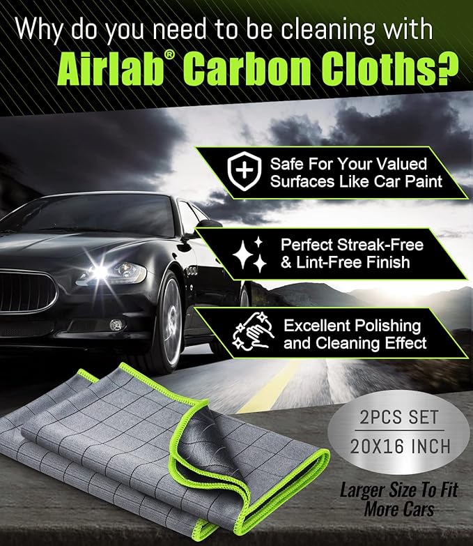 Airlab Carbon Microfiber Towels for Car Glass Window Polishing Cleaning Cloth Auto Detailing Lint Free Streak Free Drying Car Wash Large Towel, Pack of 2, 20" x 16", Grey-Green