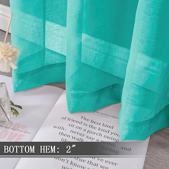 Tollpiz Short Sheer Curtains Living Room Linen Textured Curtain Sheers Light Filtering Voile Rod Pocket Curtains for Bedroom, 38 x 45 inches Long, Aqua Blue, Set of 2 Panels