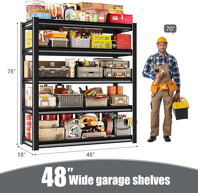 78" H Garage Shelving Heavy Duty，2800LBS Loads Adjustable Garage Storage Shelves,5-Tier Metal Storage Racks and Shelving Units, Utility Rack Shelves,48”W x 18”D x 78”H,Black