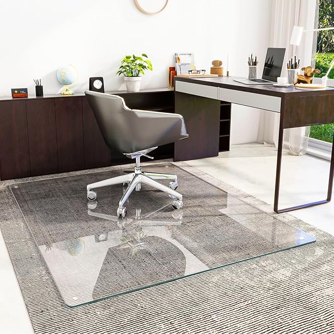[Tempered Glass] 46" x 55" Glass Chair Mat, Heavy Duty Hard Floor Mat with Round Corner and Polished Edge, Office Chair Mat for Carpet Office Home Hardwood Floor Desk