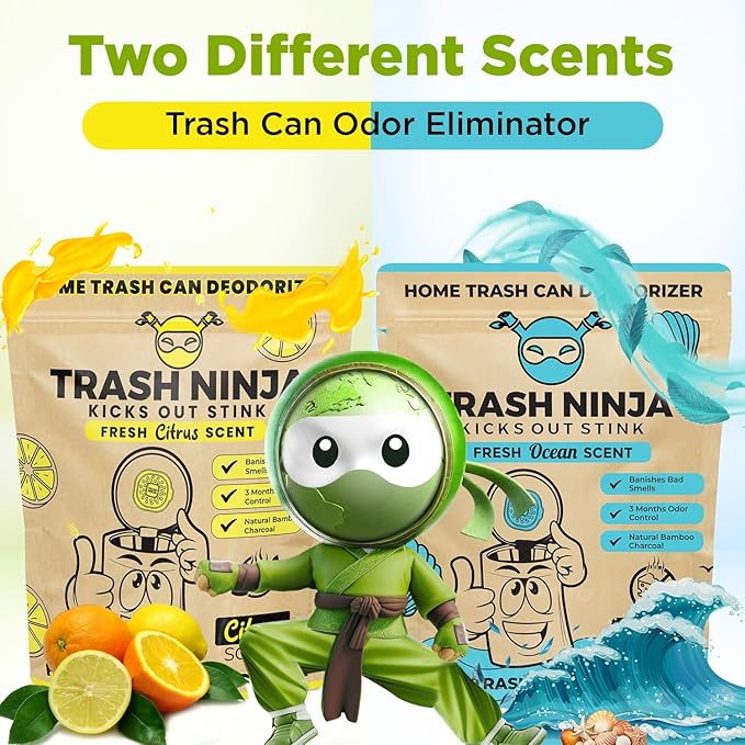 Trash Ninja Trash Odor Eliminator – Long-Lasting Citrus Scent Deodorizer with Activated Charcoal, Stick-On Freshener for Garbage Can, Fridge, Bathroom, Kitchen, and Diaper Pail Odors