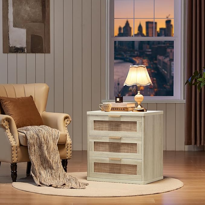 LEYAOYAO Rattan Night Stand with Drawers, 23" Large 3 Drawer Boho Nightstand, Grey White Bedside Table Storage Cabinet, Bed Side End Tables Dresser for Bedroom, Living Room, Hallway, Closet