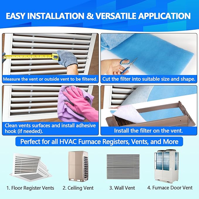 18" x120" Air Vent Filters, Cut to Fit Air Filter (70+ Filters), MERV 8 Triple Vent Filter for Home Floor, Ceiling, RV, HVAC Furnace Vents, With Adhesive Hook Tape and Installation Tape
