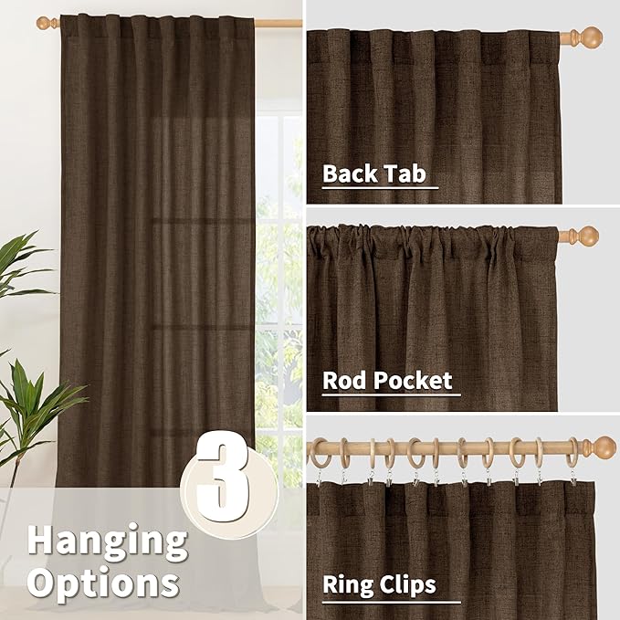 YoungsTex Brown Linen Curtains 80 Inch Length for Living Room, Semi Sheer Window Drapes with Rod Pocket Back Tab Light Filtering for Farmhouse Dining Room Bedroom, 2 Panels, 52 X 80 Inch