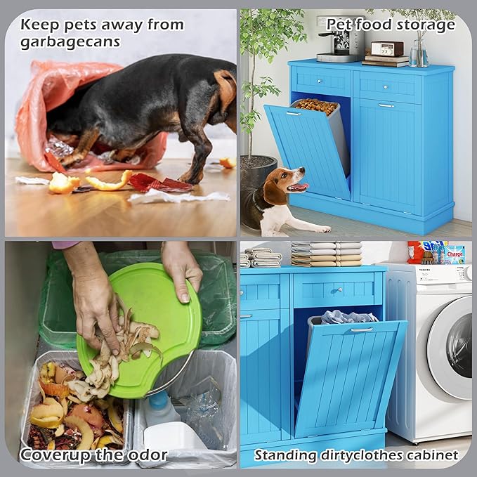 Betterhood Tilt Out Trash Cabinet 10 Gallon Wooden Free Standing Laundry Sorter Cabinet,Recycling Cabinet with Hideaway Drawer,Tilt Out Trash Cabinet Can Bin Kitchen (Double Light Blue, Double Door)