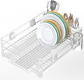 SIMPLE HOUSEWARE White Dish Drying Rack with Drainboard, Utensil Holder & Mug Hooks – Metal Kitchen Counter Organizer
