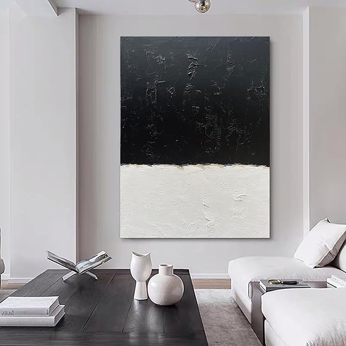 NANKAI Hand-Painted Black and White Wall Art, Minimalist Abstract Painting, Large Oil on Canvas Texture Wall Art, Office Art Contemporary Art 45x30 inches