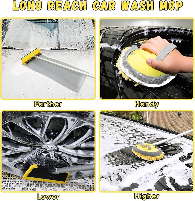 144'' Long Extendable Handle Car RV Wash Brush Kits with Collapsible Bucket, RV, Truck Washing Kit with Extension Pole - Microfiber Car Mop, Bristles Washing Brush, Squeegee Mitt, RV-Wash Cleaning Kit