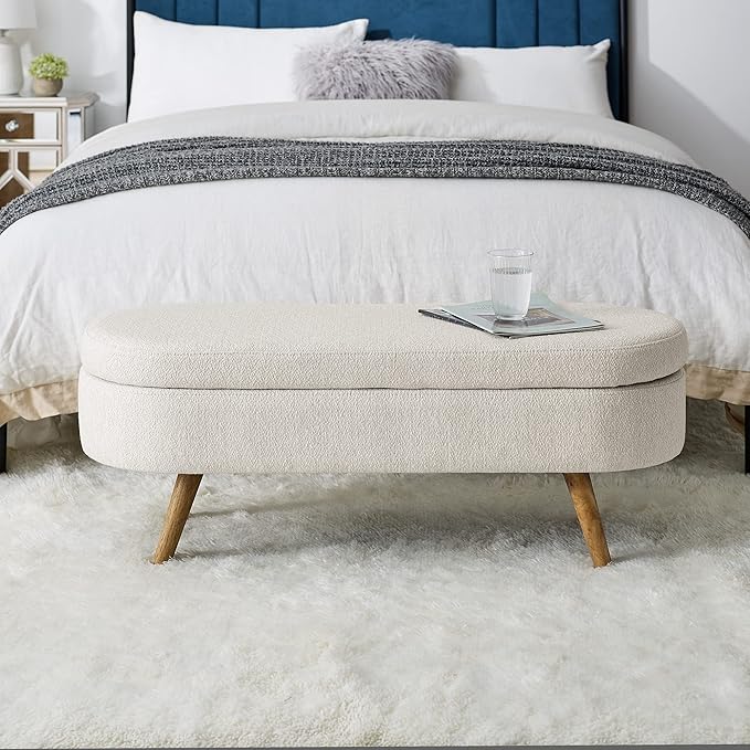 Storage Bench, 43" Storage Ottoman Bench for Bedroom, Upholstered Entryway Benches with Seating, Rubber Wood Legs, Shoe Storages Benches for Bedroom, Living Room, Entryway, Bed Side, Beige