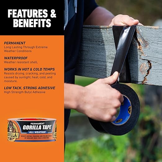 Gorilla All Weather Duct Tape, Black, 1.88" x 25 yd | UV Resistant | Waterproof | For Outdoor Repairs | 2-Pack, Pack of 6