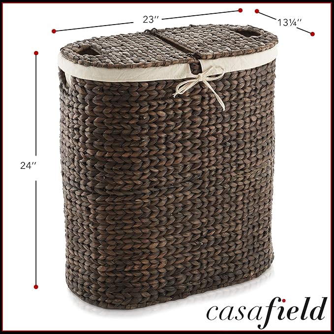 Casafield Oval Laundry Hamper with Lids and Removable Liner Bags - Espresso, Woven Water Hyacinth 2-Section Laundry Basket Sorter for Clothes and Towels