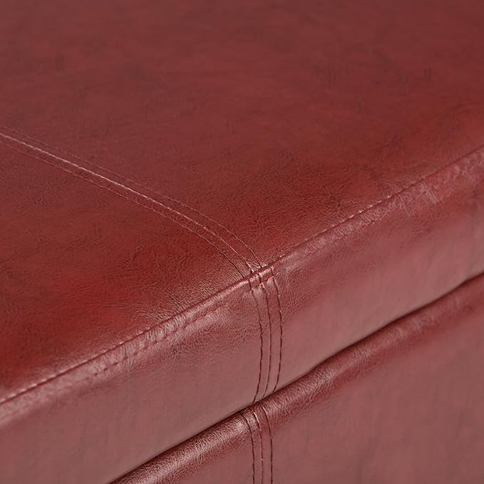 SIMPLIHOME Avalon 48 inch Wide Contemporary Rectangle Storage Ottoman Bench in Red Vegan Faux Leather, Assembled, for the Living Room, Entryway and Family Room
