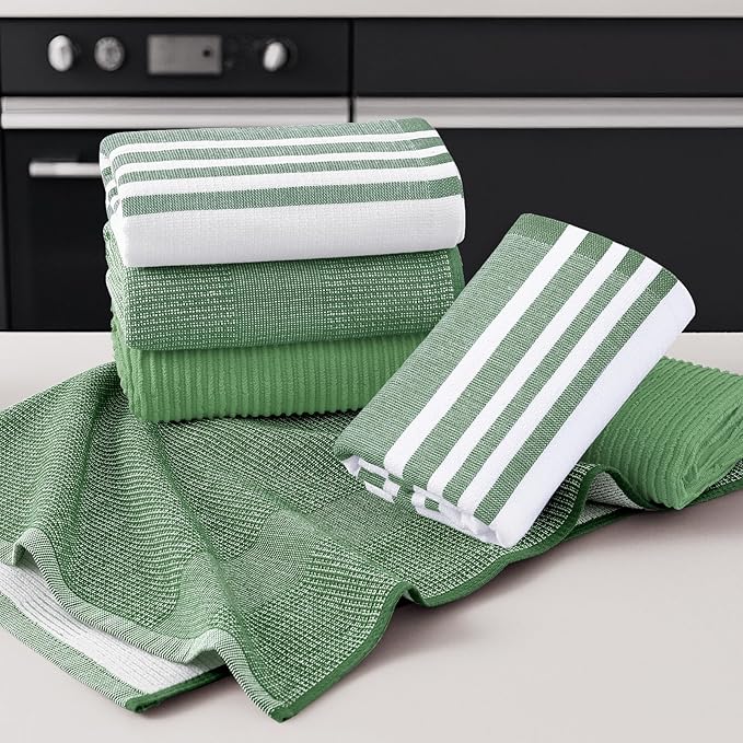 Homaxy Premium Kitchen Towels(18”x 28”, 9 Pack), Large Cotton 380 GSM Kitchen Hand Towels, Soft and Absorbent Terry Dish Towels, Multipurpose Tea Towel Set with Hanging Loop, Grass Green