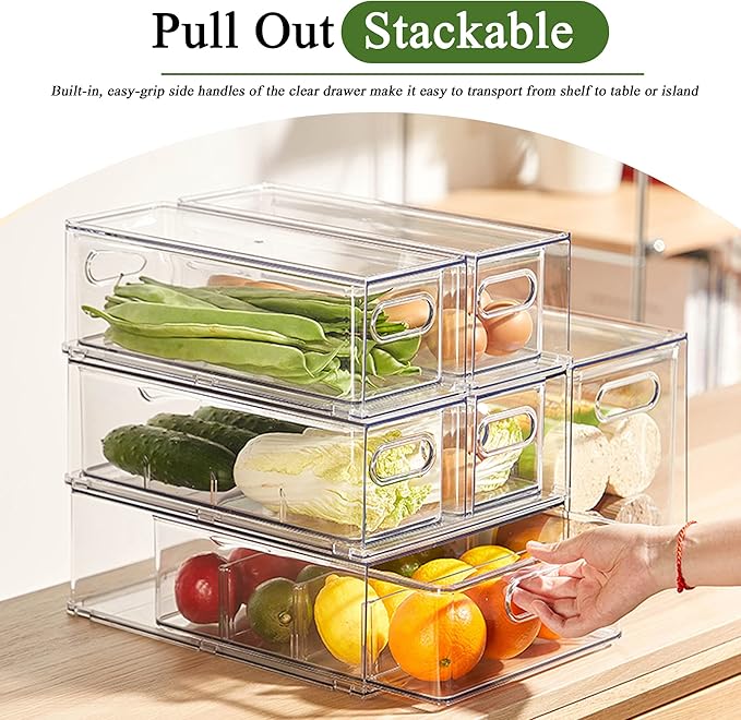 2 Pack Fridge Organizers and Storage with Pull out Drawer, Stackable Storage Drawer, Clear Refrigerator Organizers, BPA-Free for Kitchen Cabinet Pantry,3.14QT