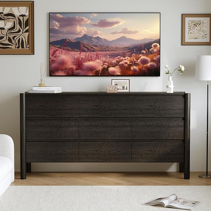 Dresser for Bedroom with 9 Drawers,63" Wide Black Dresser with 4 Solid Wood Legs, Wooden TV Stand,Closet Clothes Organizer for Bedroom, Hallway