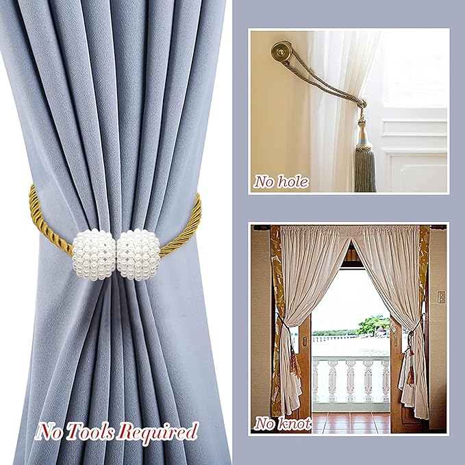 Hion Magnetic Curtain Tiebacks Golden 2pcs, Curtain Tiebacks Buckles Holdbacks Holders Hooks Clip for Home Bedroom Office Decorative Curtain