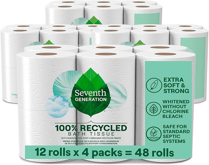 Seventh Generation Toilet Paper Recycled Bath Tissue 4-Pack 100% Recycled Paper 2-ply without Chlorine Bleach 12 Rolls