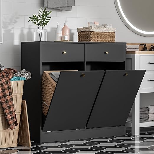 Double Tilt Out Trash Can Cabinet, Trash Storage Cabinet with 2 Drawers, Hidden Garbage Bin, Free Standing Laundry Sorter Organizer for Kitchen Dining Living Room, Bathroom, Black