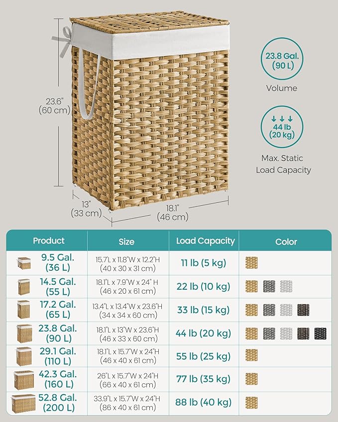 SONGMICS Laundry Hamper with Lid, 23.8 Gallon (90 L) Synthetic Rattan Clothes Laundry Basket with Lid and Handles, Foldable, Removable Liner, Goose Yellow ULCB51NL