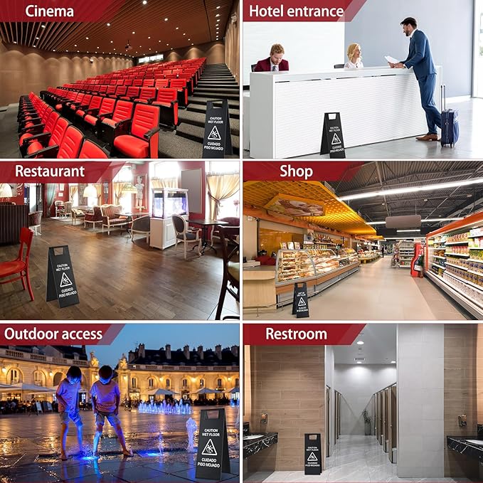 LEIFIDE 4 Pcs Stainless Steel Wet Floor Caution Sign Bulk 8.8 Pound Portable Foldable Handle Bilingual Safety Sign for Kitchen Restaurant Shop Commercial Use Avoid Fall and Slip Accident (Black)