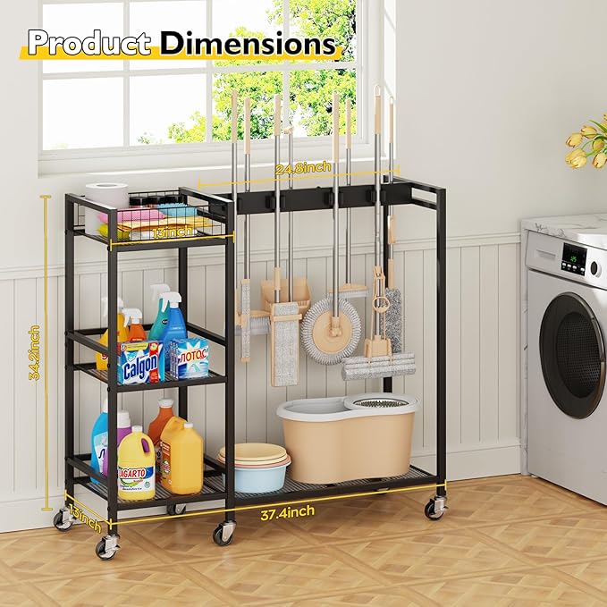 Broom Holder with Cleaning Supplies Organizer, Movable Broom Closet Storage Cabinet with Cleaning Caddy, Cleaning Cart with Mop Rack, Janitorial Housekeeping Cart on Wheels, Laundry Room Organization
