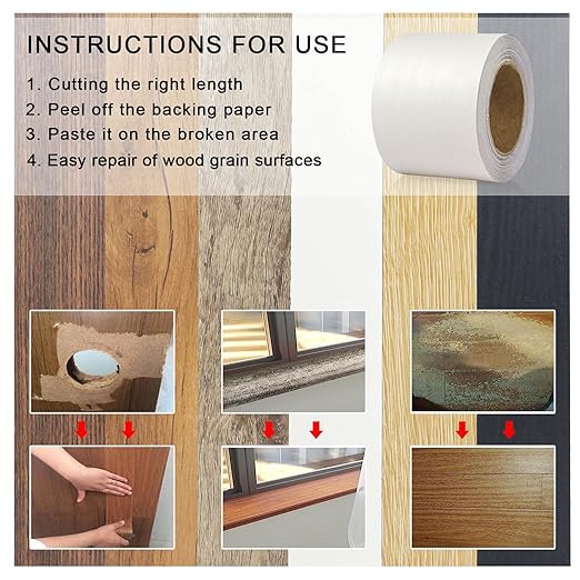 BOMEI PACK Wood Grain Repair Tape,Self Adhesive Repair Patch for Furniture, Floors, Cabinets, Windows, Doors, RV, Home Decor and DIY Projects (1, White)