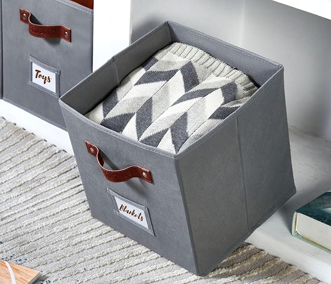 DECOMOMO Storage Bins, Cube Storage Bin with Labels, Fabric Storage Cubes for Shelves (10.5" x 11" / 6pcs, Grey)