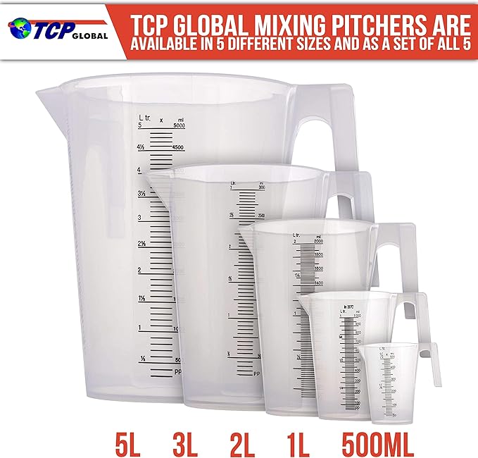 TCP Global 1/2 Liter (500ml) Plastic Graduated Measuring and Mixing Pitcher (Pack of 6) - Holds Over 1 Pint (16oz) - Pouring Cups, Measure & Mix Paint, Resin, Epoxy, Kitchen Cooking Baking Ingredients