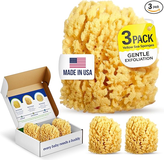 Baby Buddy Baby Bath 4in Yellow Sea Sponge, Absorbent Natural Sea Sponge, Soft on Tender Skin, Biodegradable, Hypoallergenic, Bath Accessories for Bathing, 3 Pack