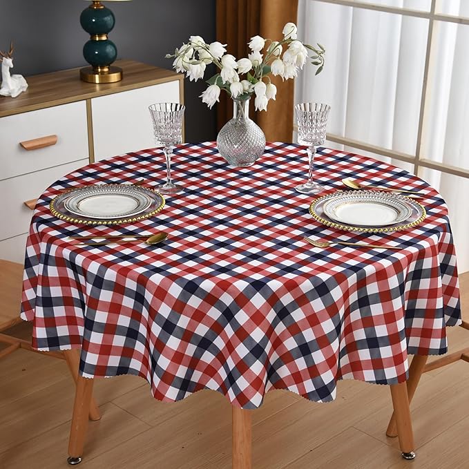 Waterproof Plaid Tablecloth Fabric - Round 120 Inch Classic Gingham Checker Table Cloth for Indoor/Outdoor Use - Buffalo Table Cover for Picnics, BBQs, and Parties