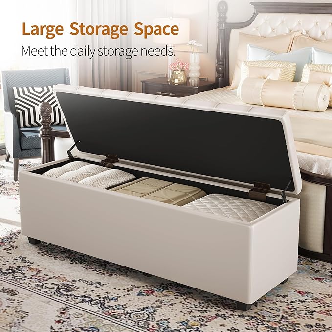 Small 38 Inches Long White Ottoman Bench with Storage,Footstool Furniture End of Bed Benches,Faux Leather Ottomans and Seat for Foot Rest in Bedroom, Living Room, Entryway