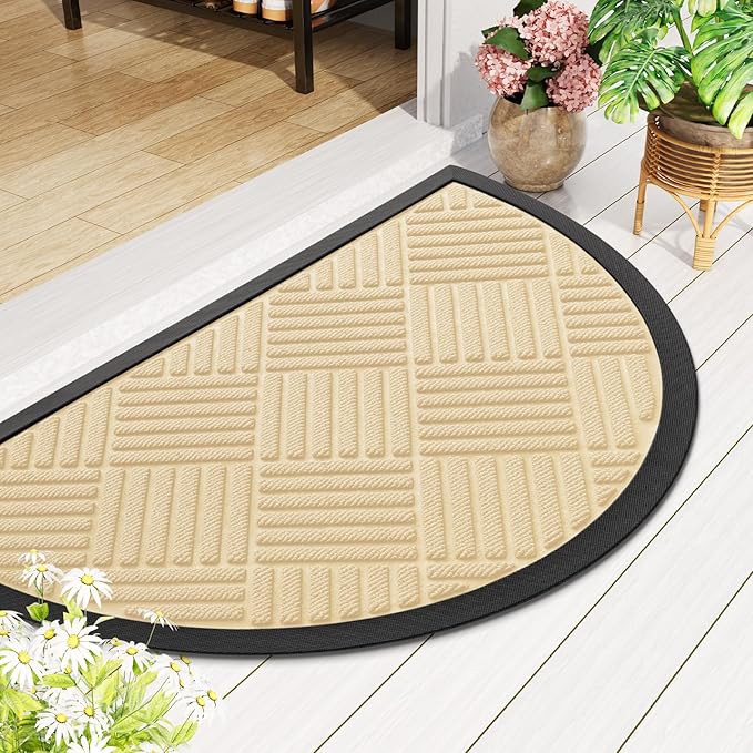 Smiry Half Circle Front Door Mat Outside Entrance, Heavy Duty Outdoor Indoor Natural Rubber Doormat, Non Slip, Trap Dirt and Moisture, Easy Clean, Low Profile Patio Porch Entryway Mat, 29.5x17, Beige