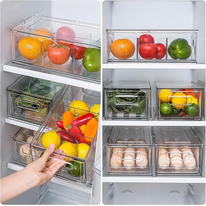 shopwithgreen Refrigerator Organizer Bins with Pull-out Drawer, Drawable Clear Fridge Drawer Organizer with Handle, Plastic Kitchen Pantry Storage Containers , 2 Pack, 3.7QT