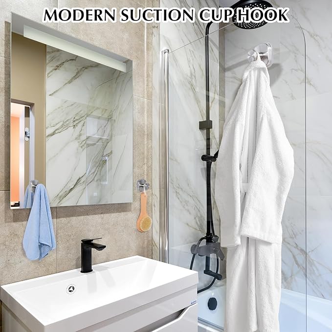 Suction Cup Hooks for Shower - Reusable No-Drill Mounting - Hooks for Towels, Robes & Loofah on Metal, Glass, Mirrors, Tile & Smooth Non-Porous Surfaces (2, Brushed Nickel)