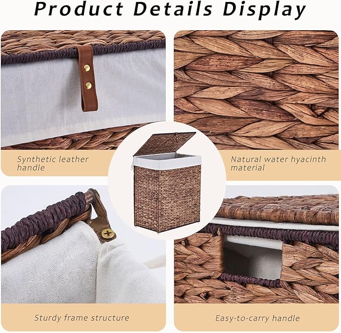 Handwoven Laundry Basket with Lid, Natural Water Hyacinth Storage Basket with Handle, Removable Cotton Liner, Durable and Stylish for Bedroom, Bathroom, Laundry Room