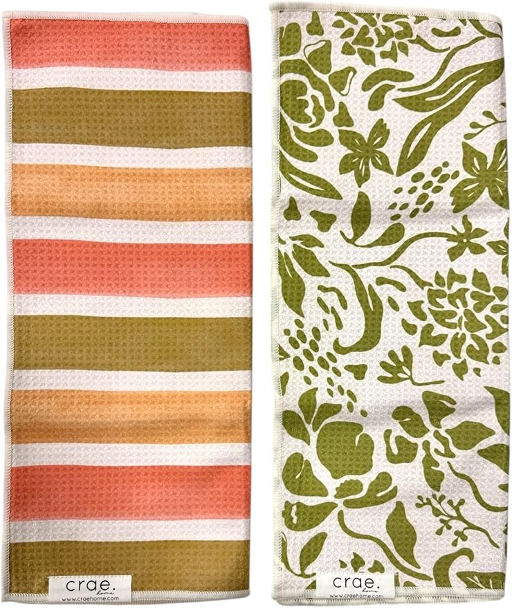 2 Double Sided Microfiber Hand Towels, 17x27 Inches Waffle Design Kitchen Towels Set, Durable & Soft Fast Drying Hand Wash Cloth and Dishcloth for Everyday Use at Home (Pat & Tricky- Green/Cream)