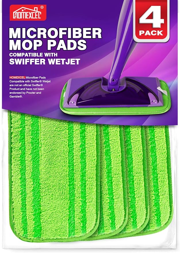 HOMEXCEL Microfiber Mop Pads Compatible with Swiffer Wet Jet-15"x5.5", Reusable and Machine Washable Floor Pad Refills, Mop Head Replacements for Multi Surface Wet & Dry Cleaning, Pack of 4