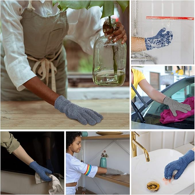 Patelai 2 Pairs Microfiber Gloves for plants Dusting Cleaning Glove Mittens House Cars Blinds Dusting(Gray, Dark Blue, Large)