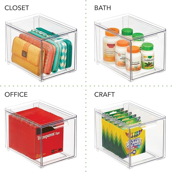 mDesign Plastic Pantry Organization and Storage Bin w/Pull Out Drawer - Slim Stackable Kitchen Supplies Storage Container for Organizing Cabinet, Fridge, Freezer - Lumiere Collection - 4 Pack - Clear