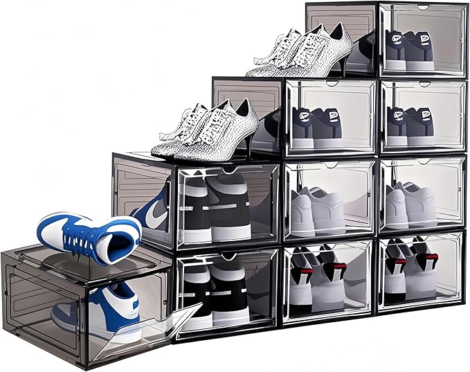 8 Pack Shoes Box Display Case Thicken Shoe Organizer Stackable Boxes for Closet Space-Saving Shoe Rack, Size 13, Black