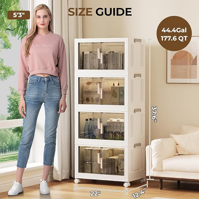 Elegant 4 Tiers Stackable Storage Bins for Home Organization, Moveable Plastic Storage Bins with Lids, Easy Assembled Storage Box for Closet Organizers and Storage Dorm 22" W x 12.4" D x 49.4" H