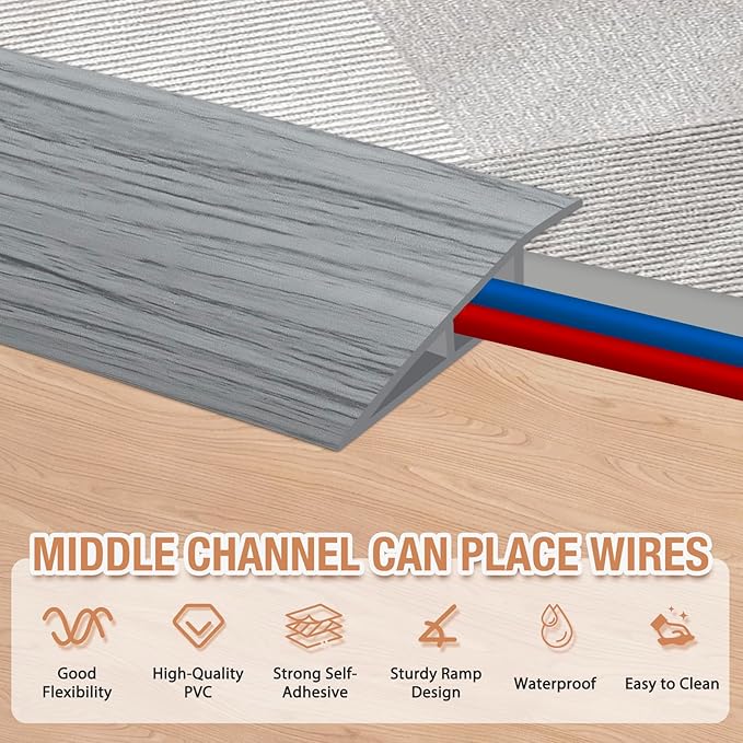 Floor Transition Strip Self Adhesive Vinyl Door Threshold for Doorways Carpet Edging Trim Overlap Edge Reducer for Laminate Floor, Carpet, Tile (Light Gray Wood Grain, 3/5" to 4/5", 6.6Ft)