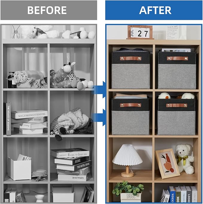 Temary 11 x 11 Cube Storage Bins Fabric Storage Cubes for Shelf, Closet, 4 Pack Cube Basket for Clothes, Storage Cube Bins with Leather Handles(Black&Grey)