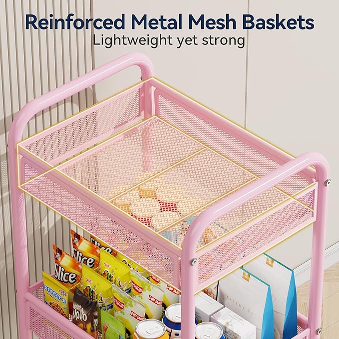 YASONIC 3 Tier Rolling Cart – Metal Utility Storage Cart with Wheels, Craft Cart Organizer with Hanging Cups, Hooks, Mesh Basket for Bedside Kitchen Office Art, Pink