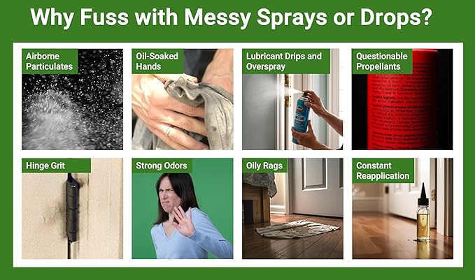 The First-of-Its-Kind Lubricant Cartridge for Squeaky Door Hinges. Mess-Free, Odorless, Sprayless & Prelubricated. Hinge Husher™ Lubricant Cartridges (3 Pack - Silver)