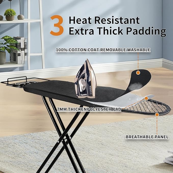 Ironing Board,52x14 Inch Iron Board with Steam Rest, Heavy Duty Metal Frame Legs Ironing Table with Heat Resistant Cover Mat, Foldable Full Size Hanger Ironing Stand, 5 Adjustable Height, Black