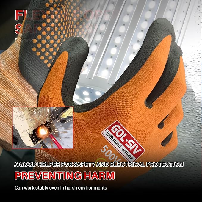 Electrical Insulated Gloves, 500V High Voltage Resistance Electrician Safety Gloves, Rubber Non Slip Work Gloves (500V|nylon insulated, Large)