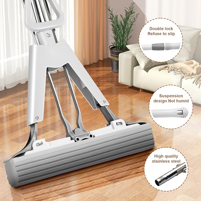 Sponge Mop for Kitchen Bathroom Garage Floor Cleaning Telescope Handle Automatic Wringing Suitable for Tile Marble Wood Floors with 1 Extra Sponge Head