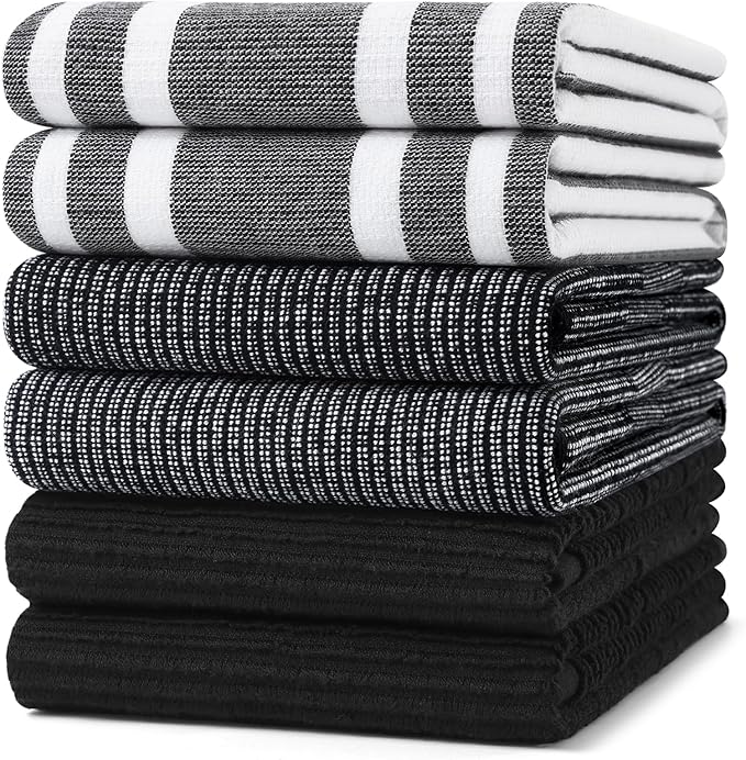 Homaxy Premium Kitchen Towels(18”x 28”, 6 Pack), Large Cotton 380 GSM Kitchen Hand Towels, Soft and Absorbent Terry Dish Towels, Multipurpose Tea Towel Set with Hanging Loop, Black